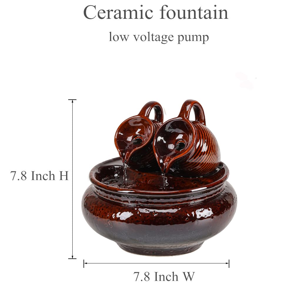 Outdoor and Indoor Tabletop Fountain Desktop Ceramic Fountain Home and Office Decoration (Brown A189)