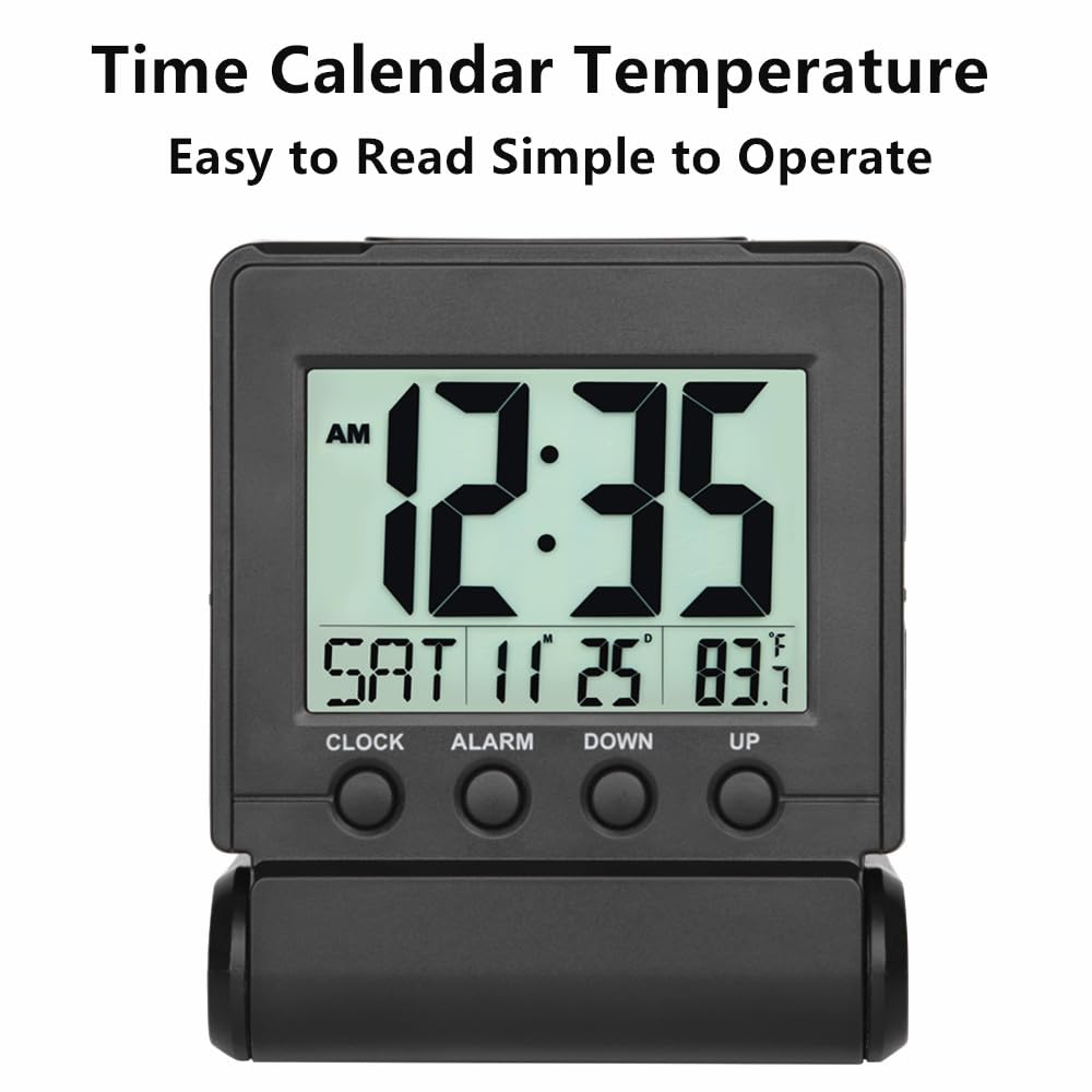 FAMICOZY Small Folding Digital Travel Alarm Clock with Day/Month/Date/Indoor Temperature,Easy to Read and Set,High/Low Alarm Volume,9 Min Snooze,Backlight on Demand,Bedside Calendar Alarm Clock,Black