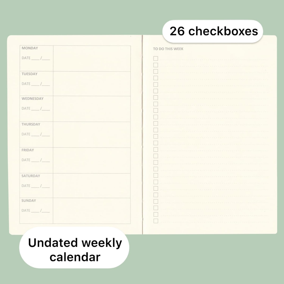 RICCO BELLO Undated Weekly Planner To Do Notebook | Faux Leather Hardcover, for Work, School, Home with Pen Holder, Bookmark, Band Closure, Storage Pocket, 5.7 x 8.4 Inches (Brown)