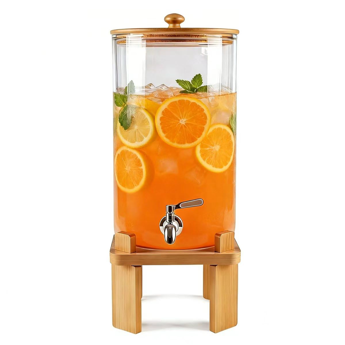 2.3 Gallon Large Glass Drink Dispenser for Parties, Glass Beverage Dispenser with Wood Stand, Juice & Lemonade Dispenser, Iced Beverage Dispenser with Spigot, Water Dispenser for Party with lid