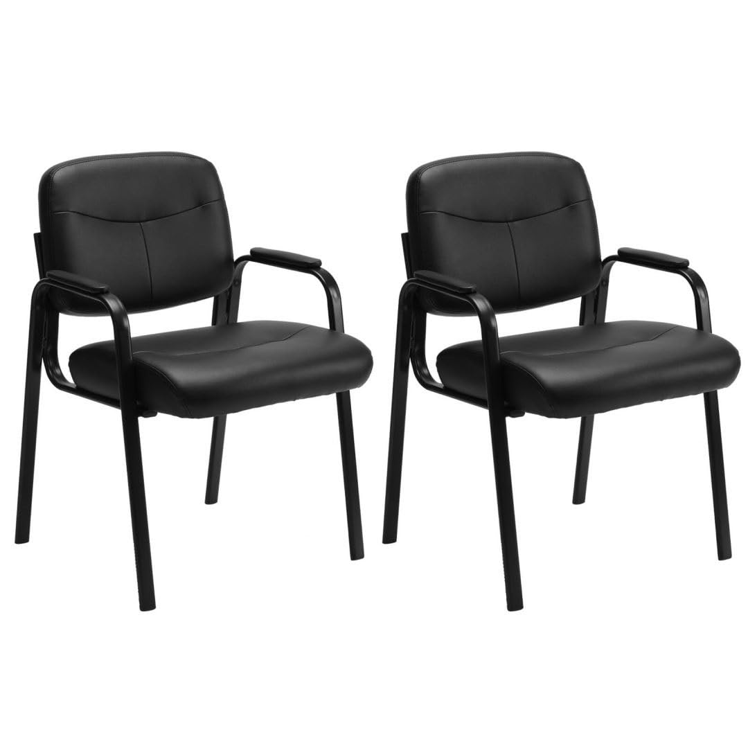 UOCFYK Reception Chairs, Leather Conference Room with Padded Arms and No Wheels for Professional Office Meeting Spaces and Guest Seating，Black-2 Pack