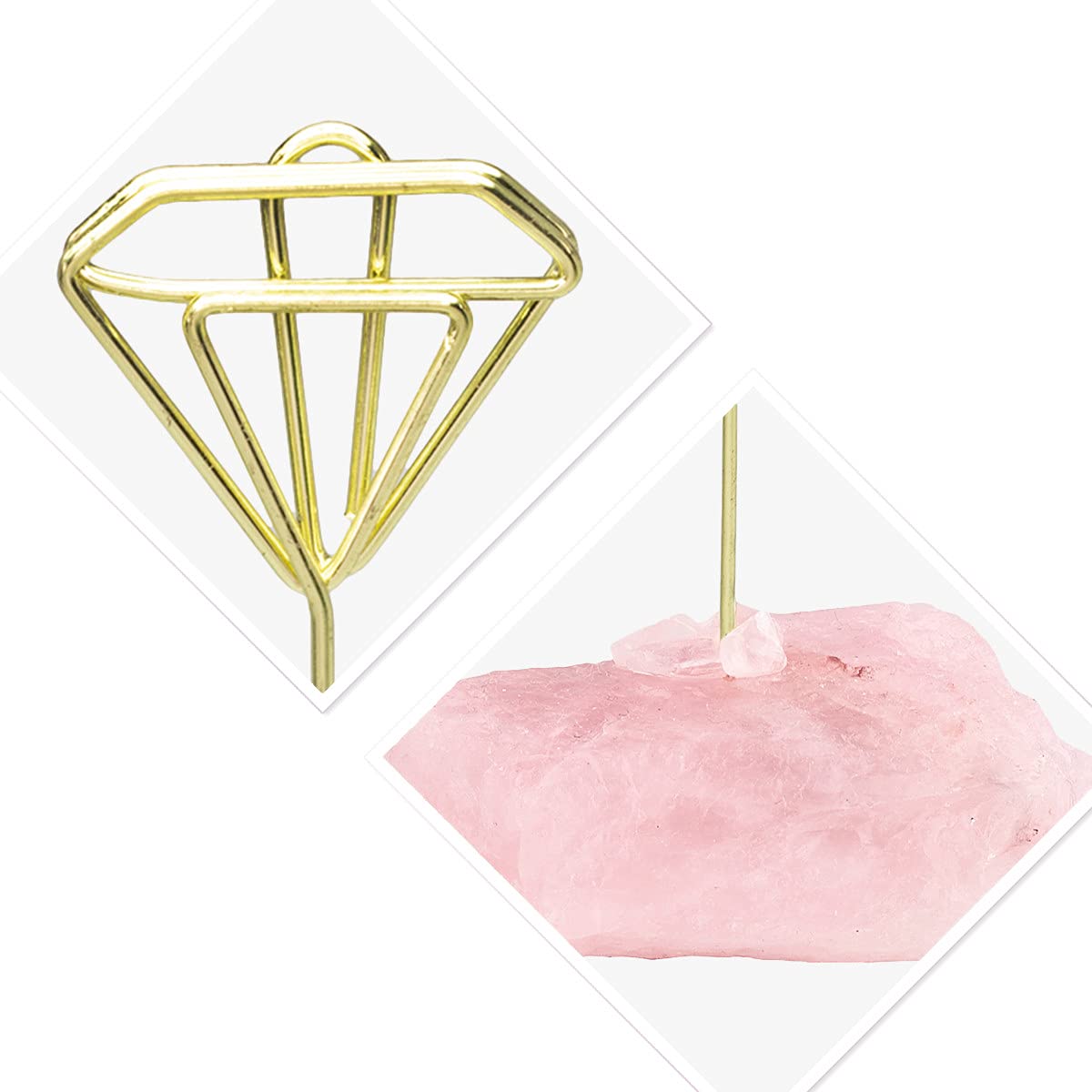 mookaitedecor Natural Rose Quartz Raw Crystal Table Card Holder, Wedding Table Name Card Holders Clips Picture Memo Note Photo Stand, Diamond Shape
