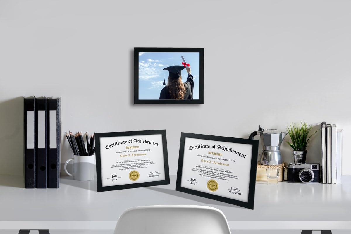 DEKWINN 8.5x11 Diploma Frame Certificate Document Frame Set of 3 with High Definition Glass,Picture Frame for Wall and Tabletop Display in Black