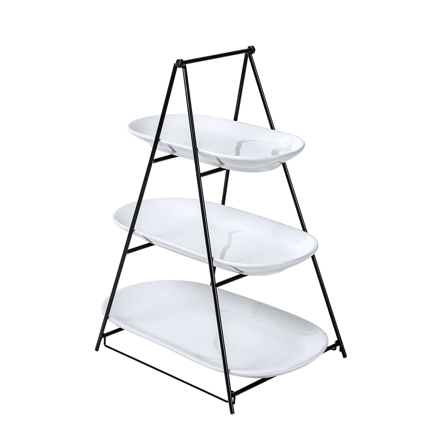 UNICASA 3 Tier Serving Tray for Parties – White Oval Porcelain Serving Platters and Trays with Collapsible Metal Stand – Tiered Dessert Stand for Cake, Snacks, Appetizers, Fruits, Chips & Dips