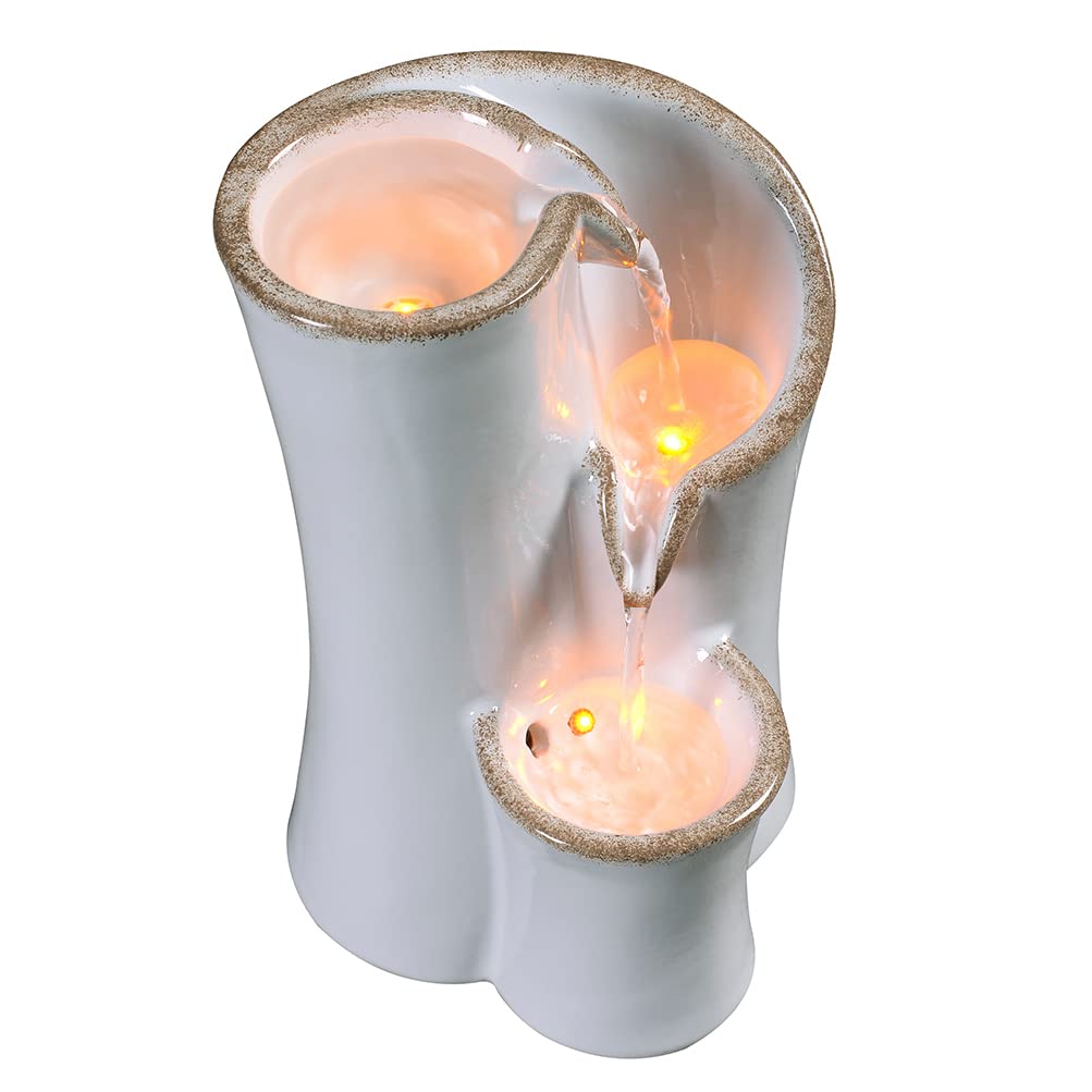 Haobos Indoor Water Fountain Imitation Ceramics Appearance Tabletop Fountain Relaxation Desktop Waterfall w/ 3 Reflective led, 9.8 Inch Tall Fountain (Grey)