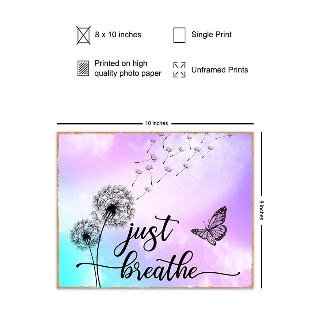 Just Breathe Wall Art - positive Quotes Purple Office Wall Decor for Women - Farmhouse Bedroom Inspirational Wall Decor - Motivational Shabby Chic Art - Zen Spa Wall Art, Butterfly Print