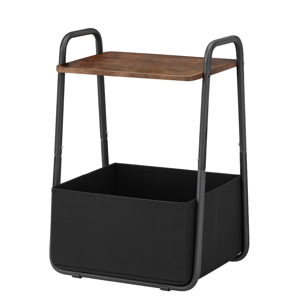 Rustic Brown Metal Frame Nightstand - Small Side Table with Fabric Storage Basket and Handle - Ideal for Bedroom & Living Room & Dorm