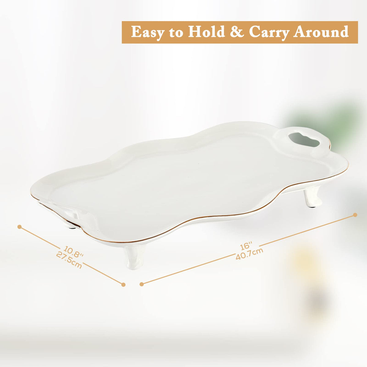 DUJUST Porcelain Serving Tray with Handles, Luxury British Style Coffee Table Tray with Golden Rim, Beautiful Tea Tray Decor for Living Room, Easy to Use & Clean