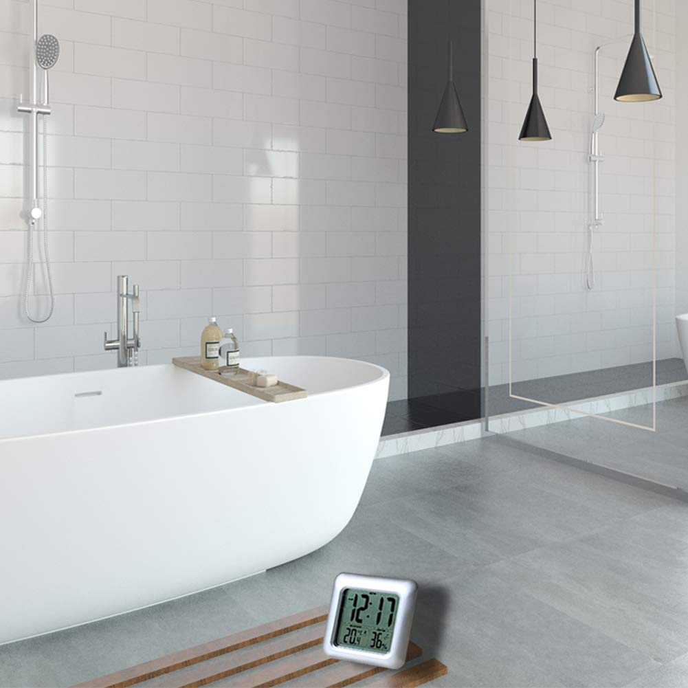 Large Waterproof Bathroom Shower Wall Clock, Big Digital Water Resistant Shatterproof Clock Thermometer Hygrometer for Bath, Temperature & Humidity Meter, Hanging & Table Standing & Mirror Suction Cup