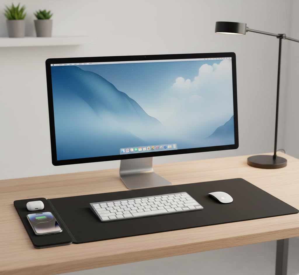 Triple C Tech Wireless Charging Desk Mat – 15W MagSafe Compatible & Qi Fast Charger, Detachable Magnetic Charger, Dual-Layer Vegan Leather with Hidden Felt Storage, 30.7" x 14.6", Black
