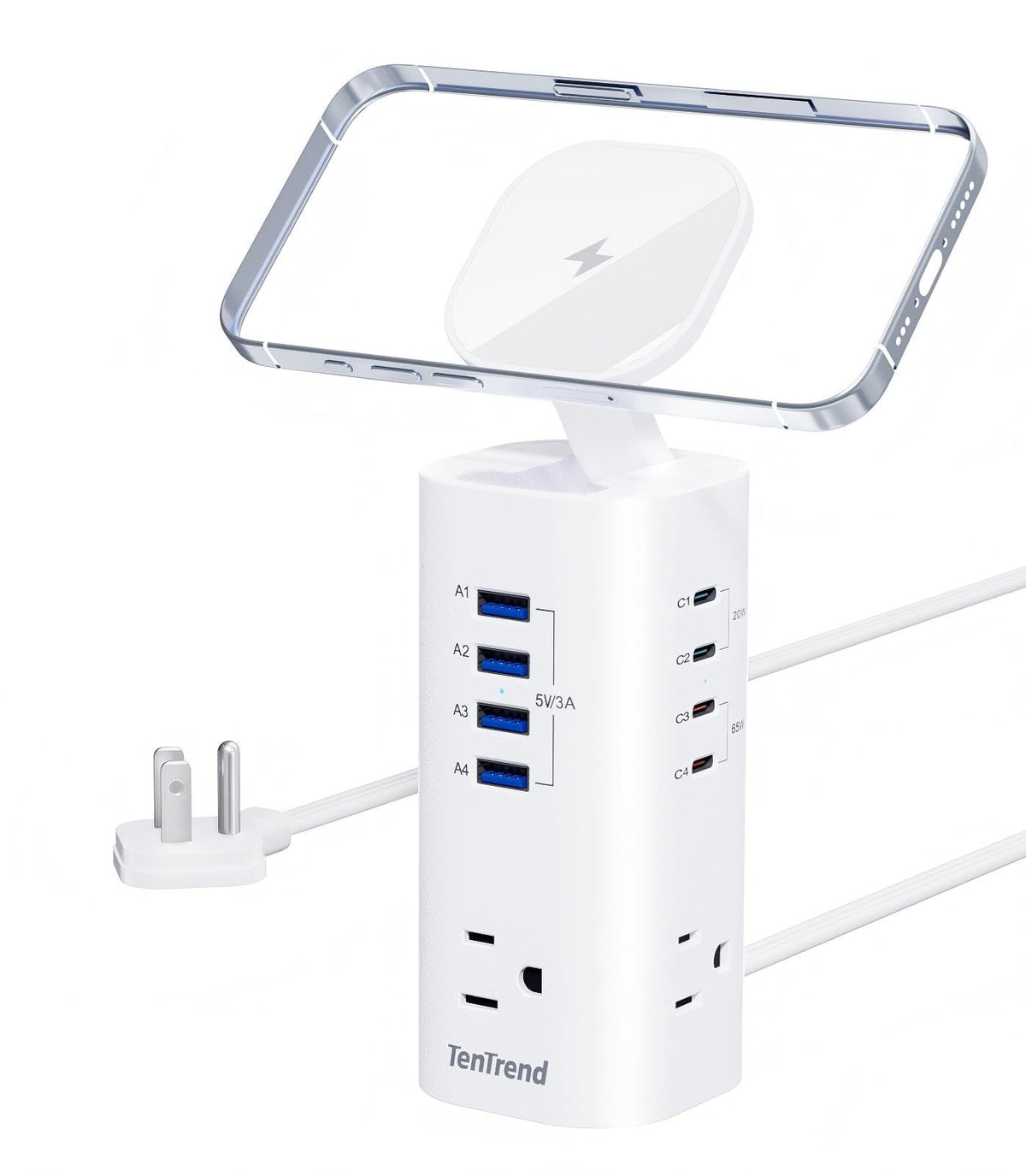 TenTrend Power Strip Tower Surge Protector, 115W Fast Charging Station with 3AC Outlets & 8 USB Ports (4 USB-C), 5FT Extension Cord Flat Plug for Home, Office, Dorm Room