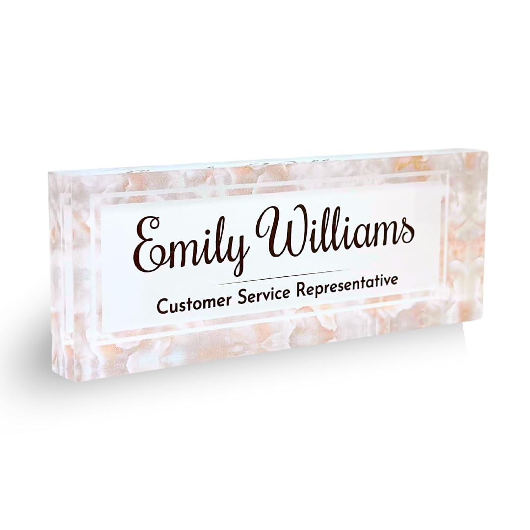 Customized Clear Acrylic Thick 8x3" Desk Name Plate Block with Personalized Logo - Professional Office Decor - Customized Acrylic Plate Gift for Teacher Co-workers (Mother of Pearl)