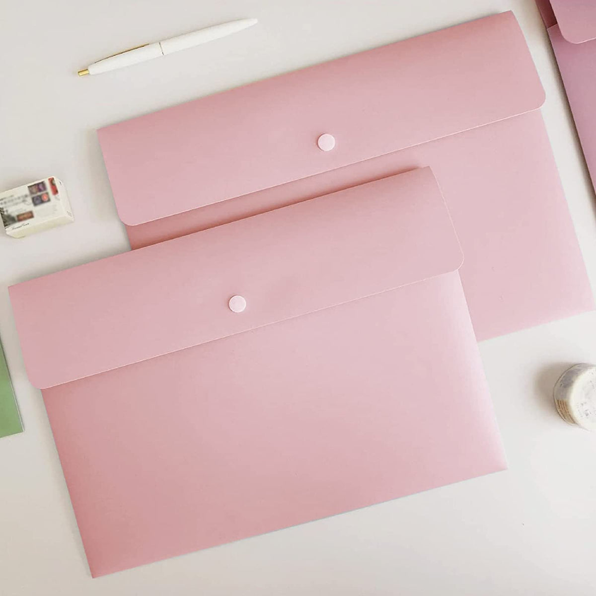 VANRA Poly File Folders Letter Size File Jackets Organizer Plastic Envelope A4 Flat Document Holder with Snap Button Closure (Pastel Pink, Pack of 5)