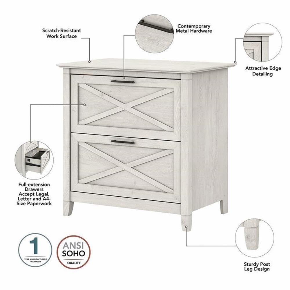 Bush Furniture Key West 54W Computer Desk with 2 Drawer Lateral File Cabinet and 5 Shelf Bookcase in Linen White Oak