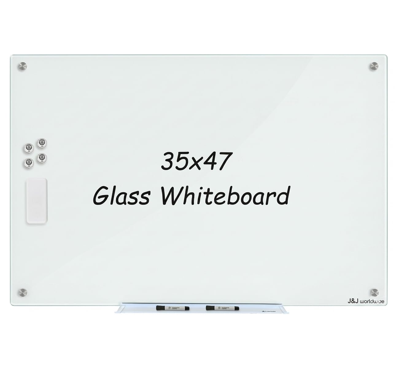 Magnetic Whiteboard, Glass Dry Erase Board 4' x 3' White Surface, White Board Frameless, Home School Supplies or Home Office Decor with Magnets, Markers, Eraser, Marker Tray