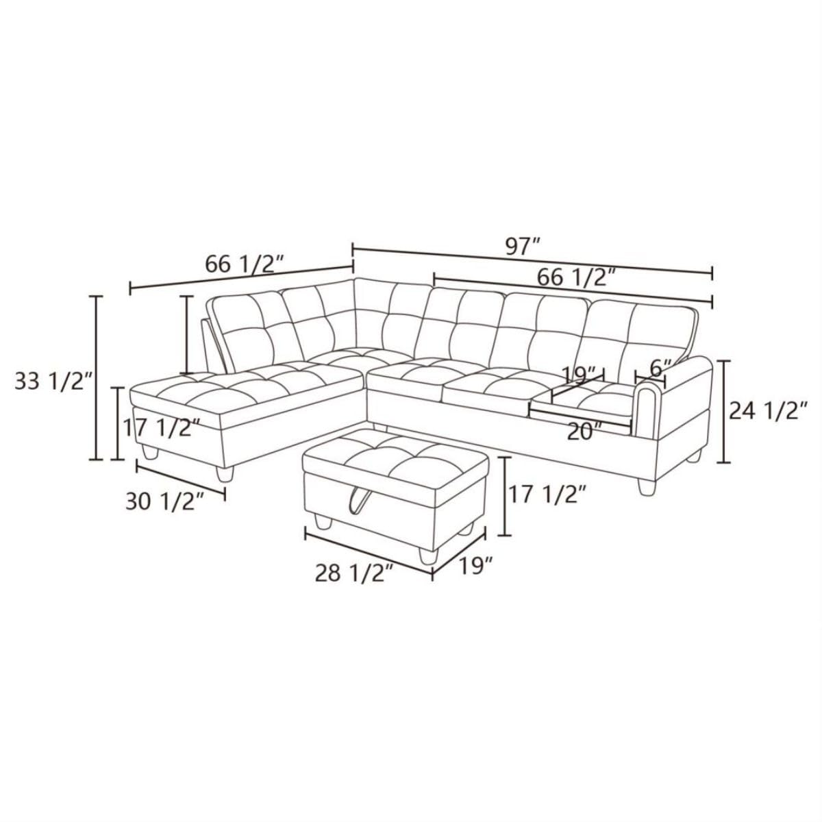 UOCFYK Grey-2 L-Shaped 3-Piece Linen Sofa with Storage Ottoman Set, Sectional Couch Sofa Set for Living Room, Office, Small Space
