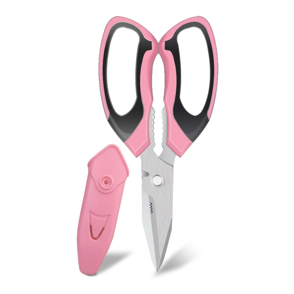 FTECYBO Heavy Duty 8'' Multipurpose Scissors with Protective Cover, Stainless Steel Serrated Blades, Easy Cutting Cardboard, Leather, Fabric, Wires (PINK)