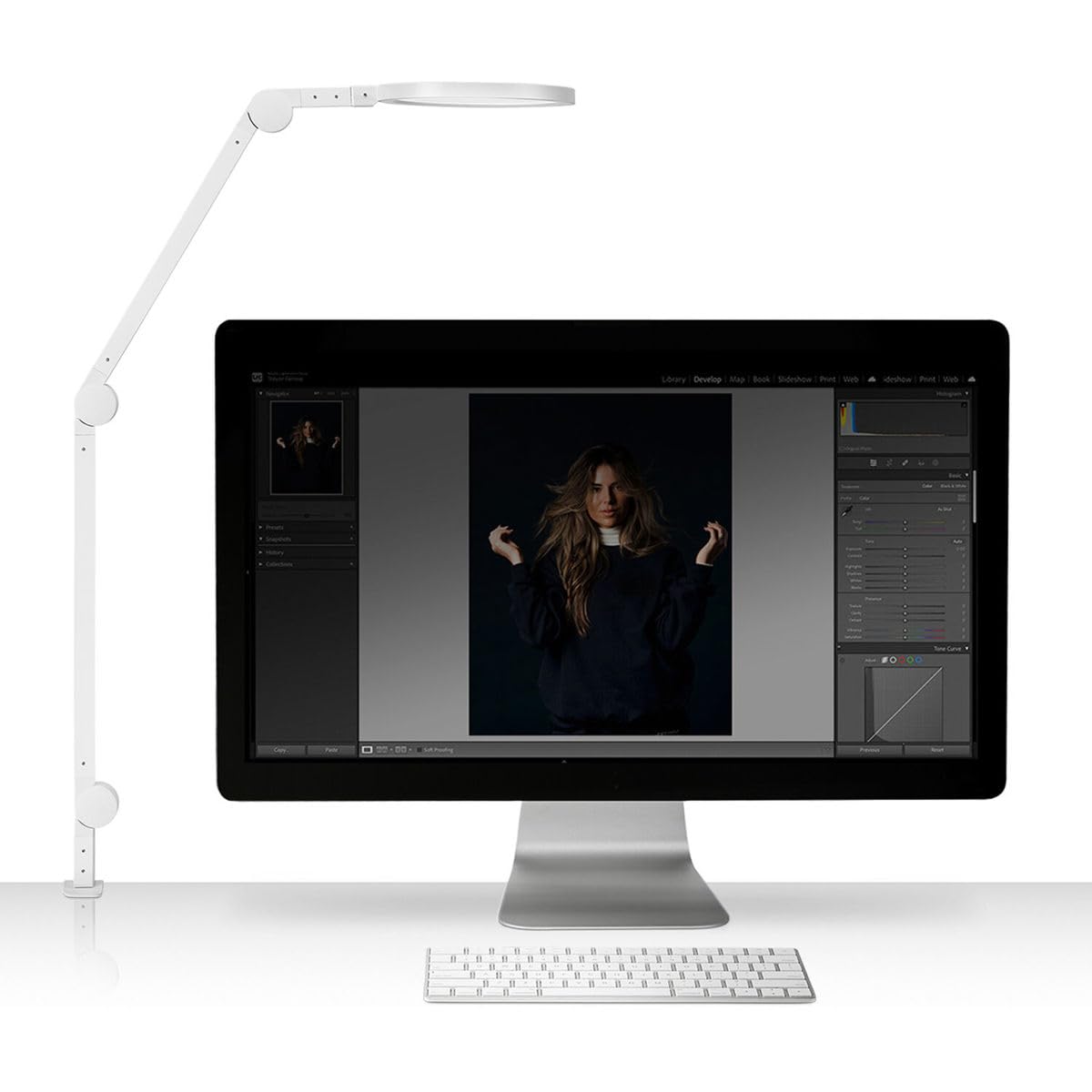 LUME CUBE Edge 2.0 LED Desk Lamp | Dimmable Home Office Desk Light with USB Charging Port & Strong Swing Arm | Adjustable Color Temperature and Brightness | Circle Webcam Light - White