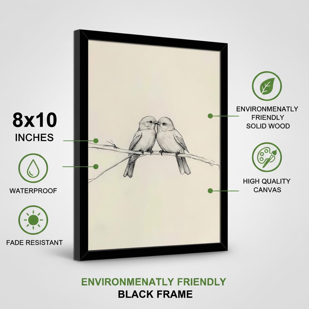 FBBLANG Minimalist Love Birds Wall Art – Neutral Beige Black & White Bird Illustration, Modern Scandinavian Home Decor for Bedroom Living Room Office Bar Black Frame 10 x 8 in
