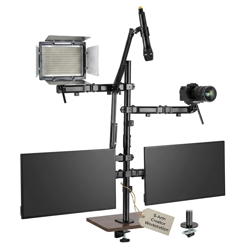Mount-It! All in One Live Streaming Equipment - 5 Arm Desk Mount - Holds Dual Monitors, Cameras, Ring Light with Mic Desktop Stand Set, YouTube Setup for Podcasting, Gaming, Zoom, Clamp/Grommet Base