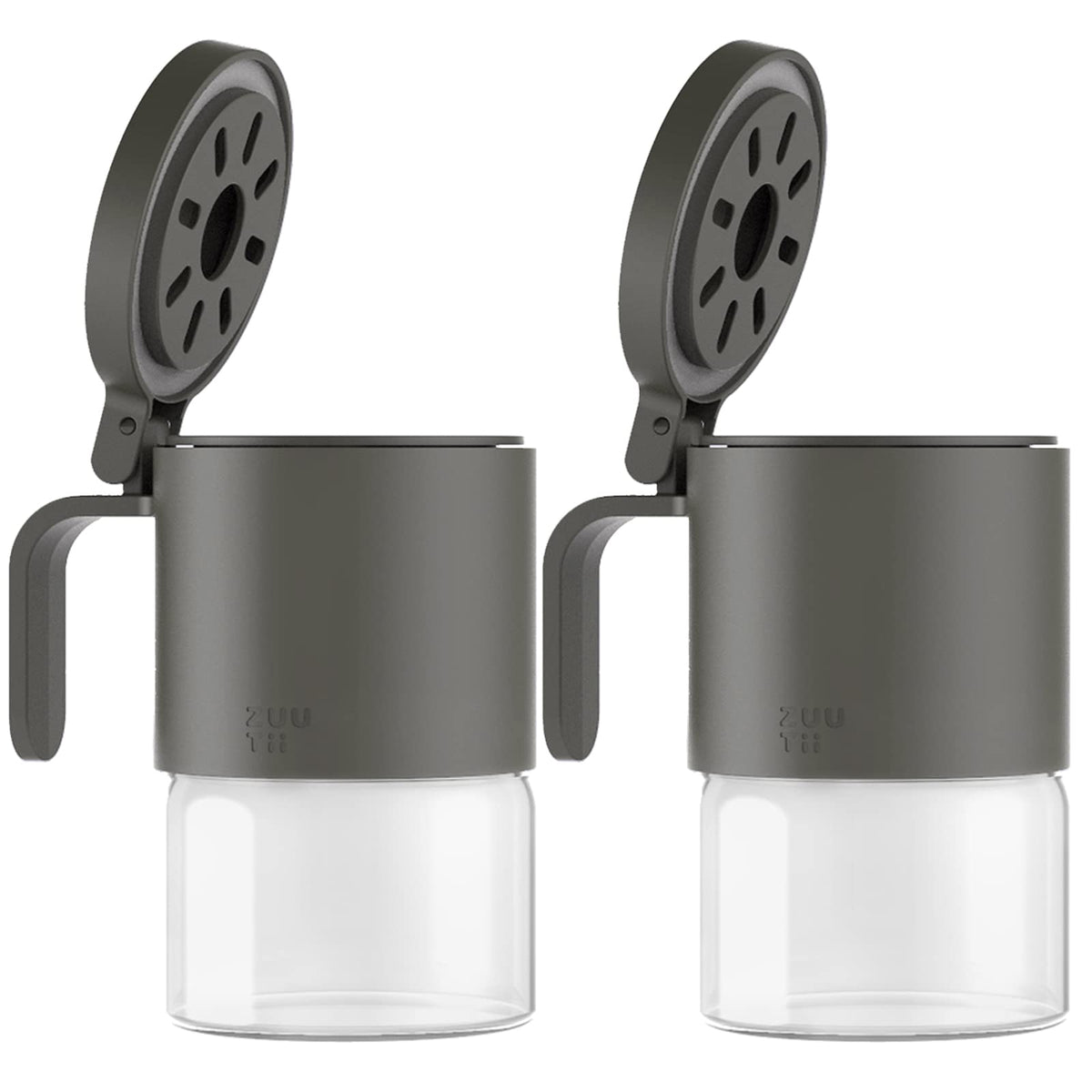 Zuutii Glass Spice Jars Moisture-Proof Spice Containers with Spoons, Set of 2 10oz/300ml Spice Bottles, Mini Seasoning Storage Jars with Flapper Caps for Salt, Sugar, Peppers, Chili in Kitchen Grey