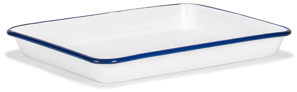 Red Co. 11" x 9" Enamelware Metal Classic 2 Quart Rectangular Serving Tray, Solid White/Navy Blue Rim