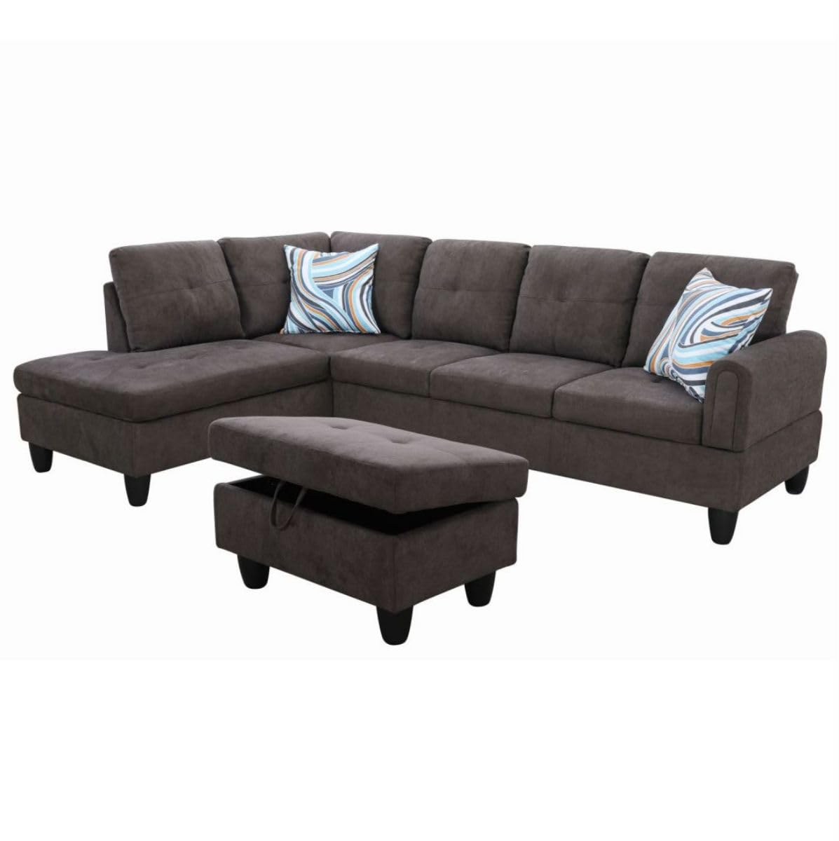 UOCFYK Dark Brown L-Shaped 3-Piece Flannel Sofa with Storage Ottoman Set, Sectional Couch Sofa Set for Living Room, Office, Small Space