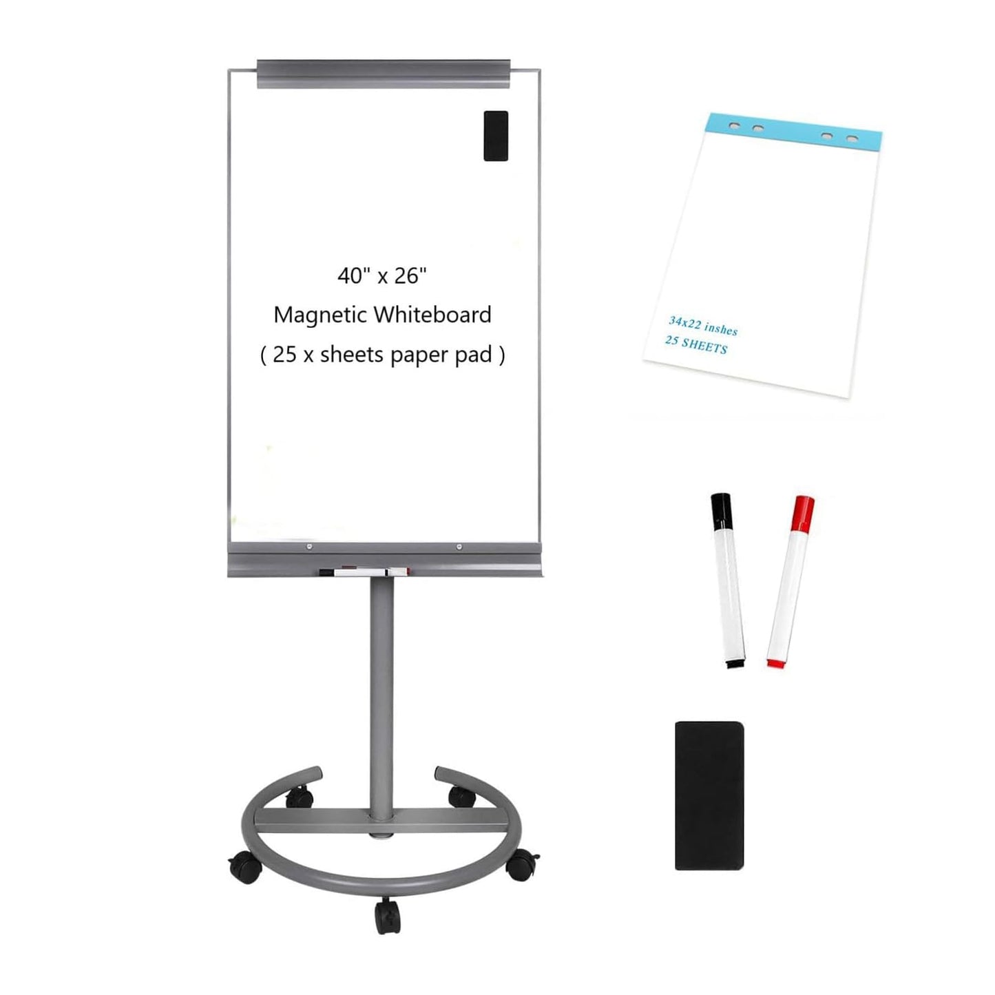 BIBOC Mobile Dry Erase Board – 40x26 inches Magnetic Portable Whiteboard Stand Adjustable Easel White Board Flipchart Easel Board with 25 Sheets Paper Pad 1 Eraser, 2Markers