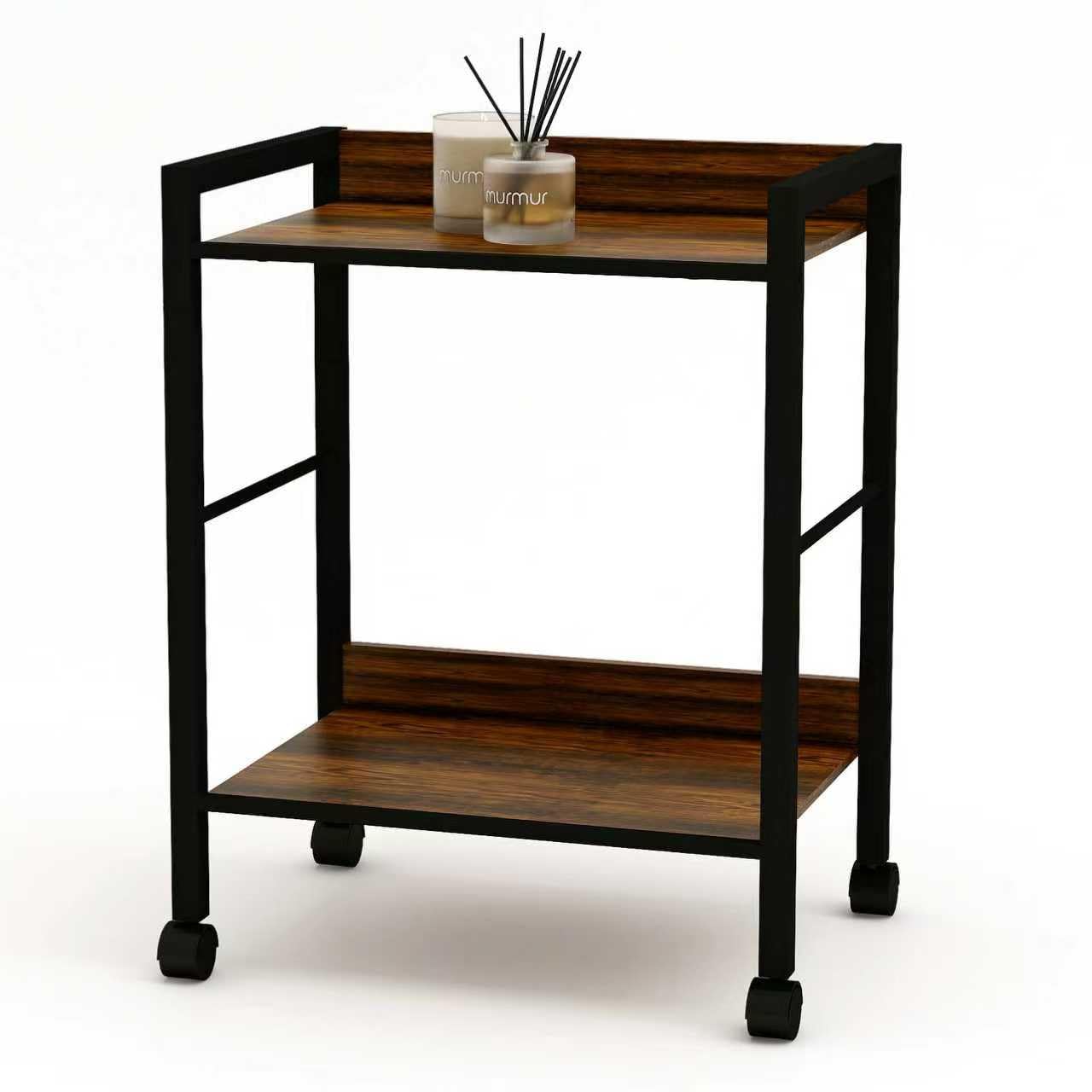 Aopark 2-Tier Rolling Utility Cart Night Stand Organizer with Brown Wood Shelves and Black Metal Frame, End Side Table Storage Trolley on Wheels for Kitchen Office, Bathroom, Living Room