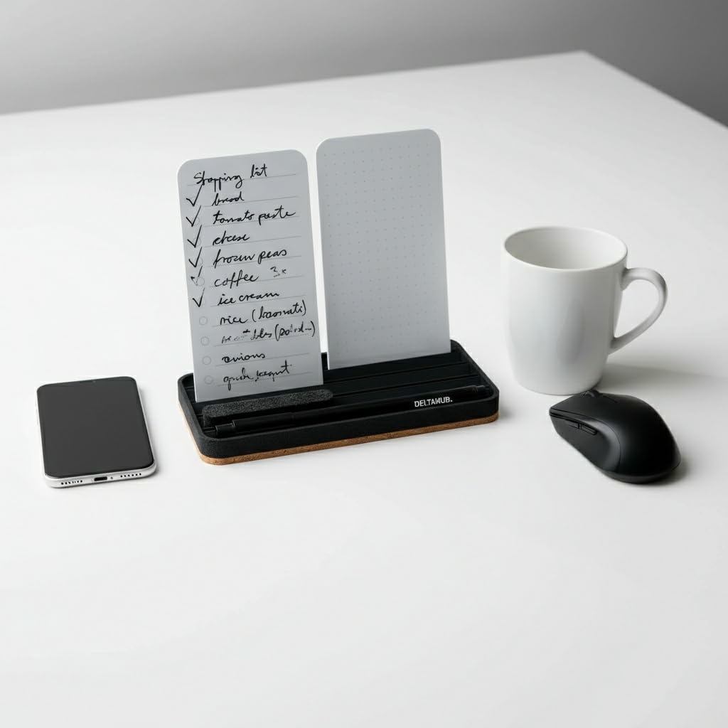 DeltaHub Reusable To-Do List for Desk - Dry Erase Daily Planner with 2 Cards, Marker & Eraser - Minimalist Desktop Organizer for Office, Work from Home - Analog Productivity Tool (Black)