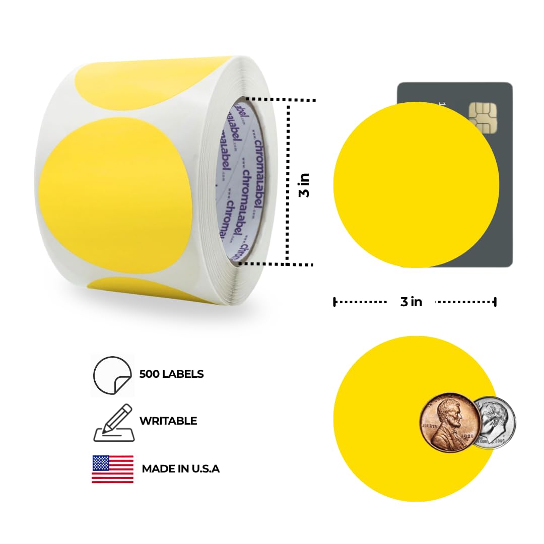 ChromaLabel Yellow Dots 3 Inch Round Labels, Color Coding Yellow Stickers, Easy to Write On Round Colored Stickers, 500 Sticky Dots per Roll