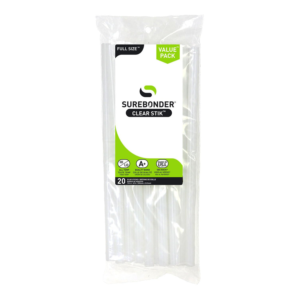 Surebonder Full Size Hot Glue Sticks Long, 20-Pack, Clear, Non-Toxic, Multi-Temp, 10-Inch x 0.43-Inch for Full Size Glue Guns, DIY, Arts, Crafts & Home Repairs