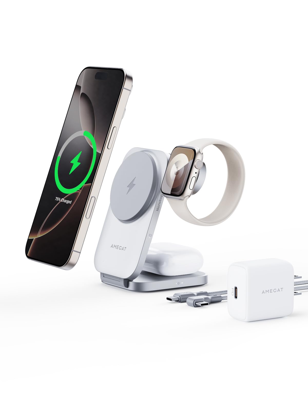 AMEGAT MagFusion Z 3-in-1 Charging Station Compatible with MagSafe, 15W Wireless Charger Foldable Qi2 Certified, Magnetic Charger for iPhone 17/16/15/14/13/12, AirPods 4/3/2/Pro, Apple Watch, Silver