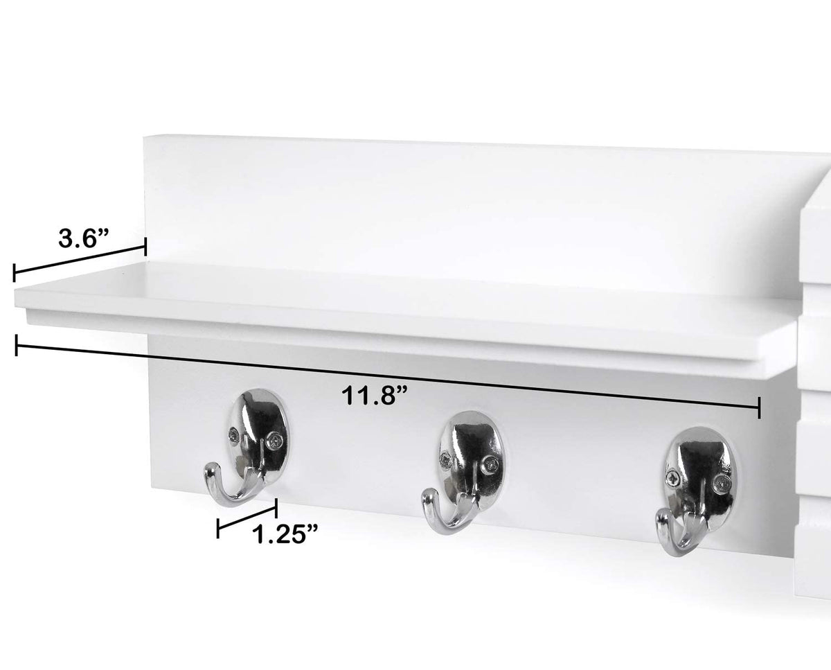 Greenco Entryway Wall Mounted Floating Shelf Letter Holder with Hooks, Hat and Coat Wooden Hanging Storage Shelf, 24” – White