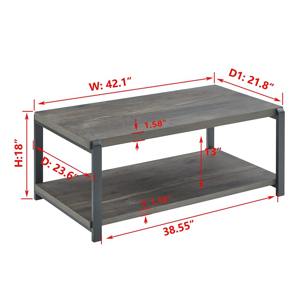 EXCEFUR Coffee Table with Storage Shelf, Rustic Wood and Metal Cocktail Table for Living Room, Grey