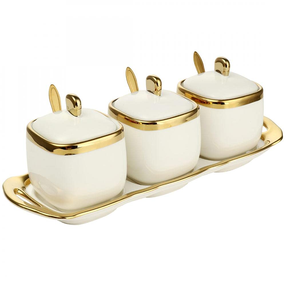Set of 3 Porcelain Condiment Jar Spice Container with Lids, Ceramic Sugar Bowls Condiment Pots Spice Jars Seasoning Box Set, Best Spice jar for Your Home, Kitchen, Counter (White suit)
