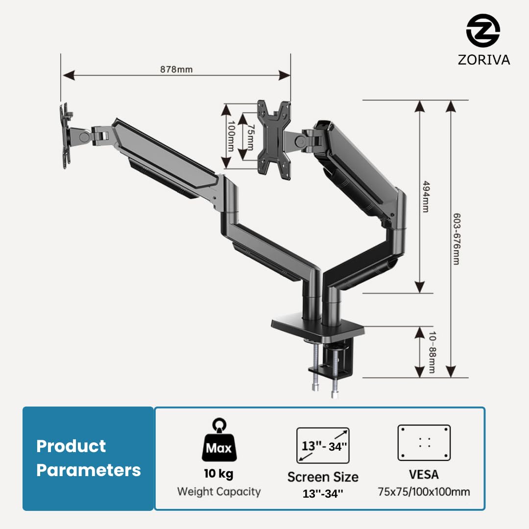 ZORIVA Dual Monitor Arm Full Motion Gas Spring Desk Mount for 13-34" Screens, Space-Saving VESA Stand for Gaming, Work, and Productivity