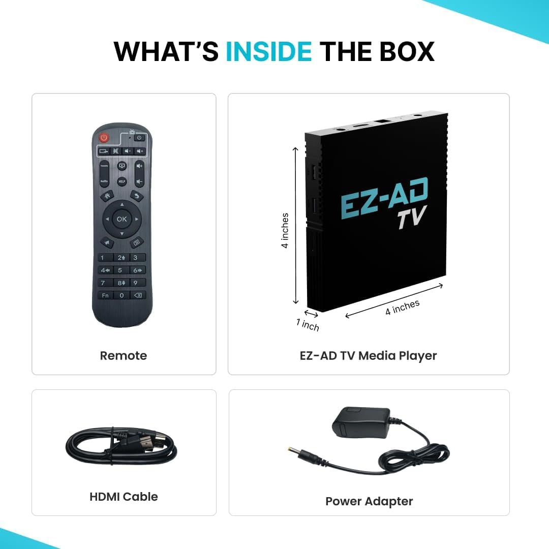 EZ AD TV Digital Signage Player - Signage For Business & Electronic Menu Board- Auto-Post Content On Digital Display Board, Cloud Controlled 4K Media Player + Mobile App W Free AI Designer & Templates