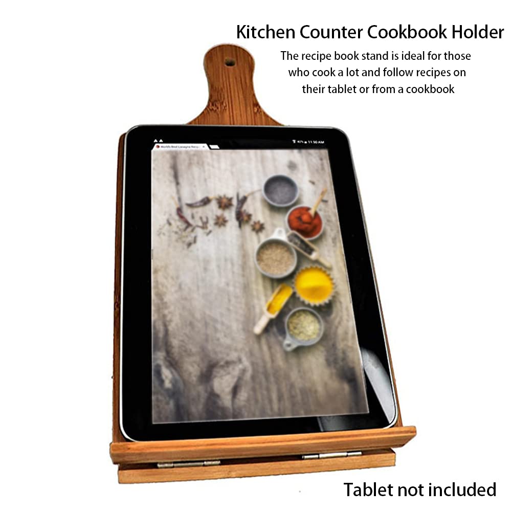 Cookbook Stand for Kitchen Counter, Rustic Cookbook Display Holder for Convenient Cooking, Adjustable Pad Tablet Recipe Book Holder, Wood Cutting Board Style Kitchen Gifts for Cooking Lovers