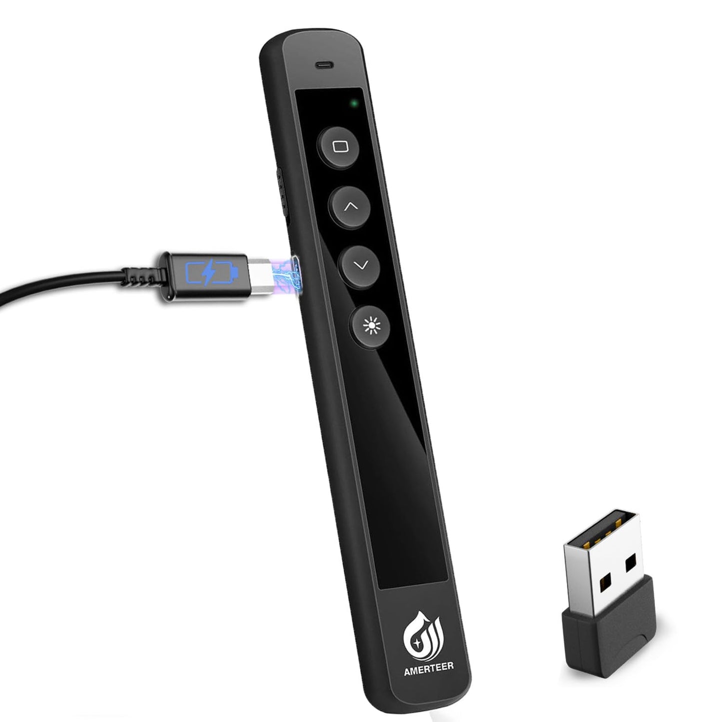 AMERTEER Wireless Presenter Remote – Presentation Clicker with 2.4GHz RF Hyperlink & Volume Control, Built-in Rechargeable Battery, Compatible with Keynote, PowerPoint, Mac, PC, and Laptops