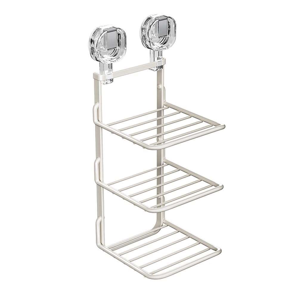 ELEFOCUS Suction Cup Kitchen Dish Storage Rack,3 Tier Food Preparation Tray,Wall Mounted Vegetable Tray Vegetable Preparation Rack,Multi-Layer Side Dish Storage Rack, Folding Non Perforated (White)