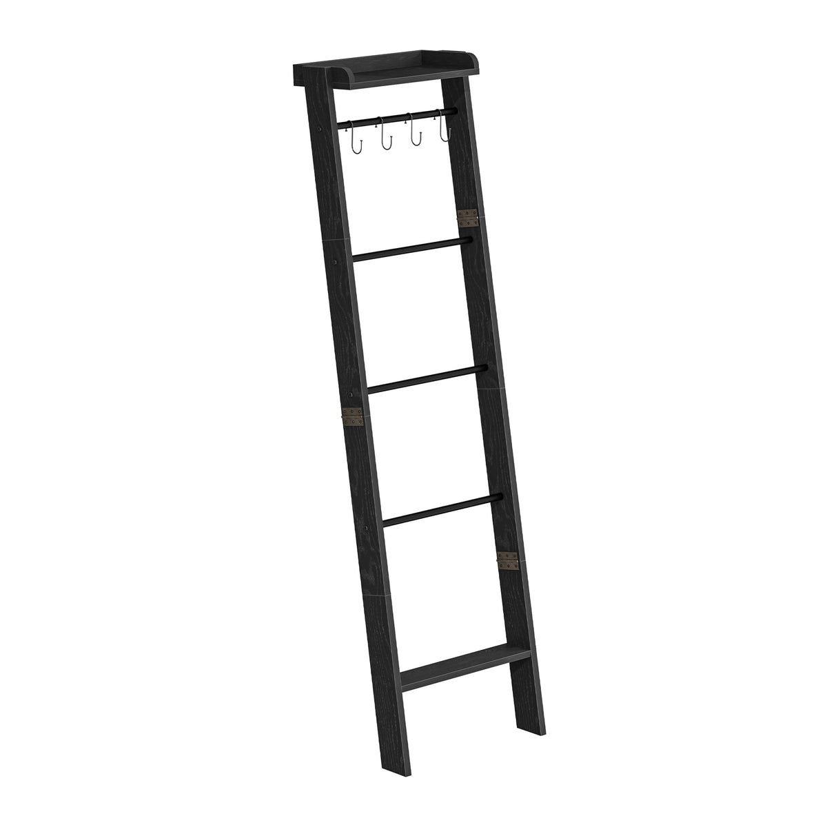 Hzuaneri Blanket Ladder Shelf, Decorative Quilt Rack, 6-Tier Farmhouse Ladder Holder Organizer with 4 Removable Hooks 7.9" D x 17.3" W x 63.4" H, Black BR35804B