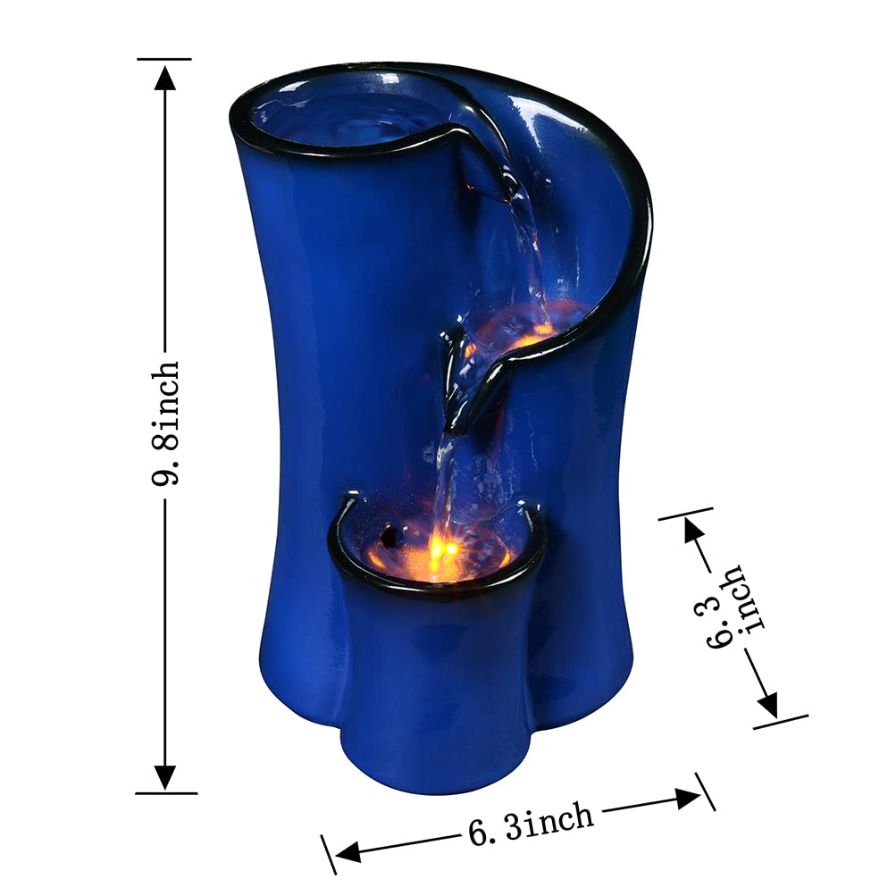 Indoor Water Fountain Imitation Ceramics Appearance Tabletop Relaxation Desktop Waterfall w/ 3 Reflective led, 9.8 Inch Tall (Blue)