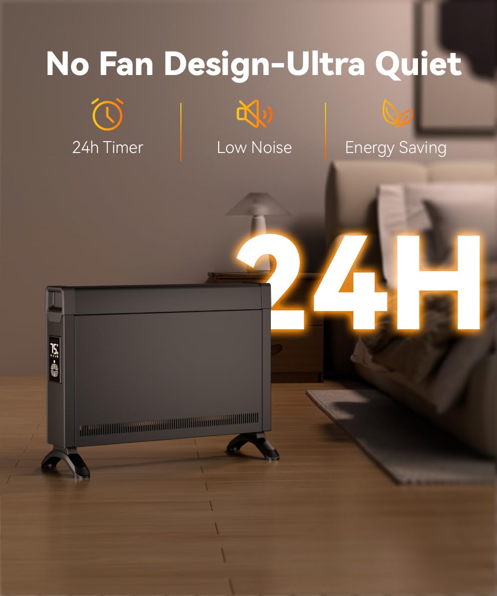 BREEZEHEAT Convection Panel Heater 1500W, Energy Efficient Electric Space Heater for Indoor Use w/Remote Control, Silent Operation, Slim Design for Large Room, Home Office (Black)