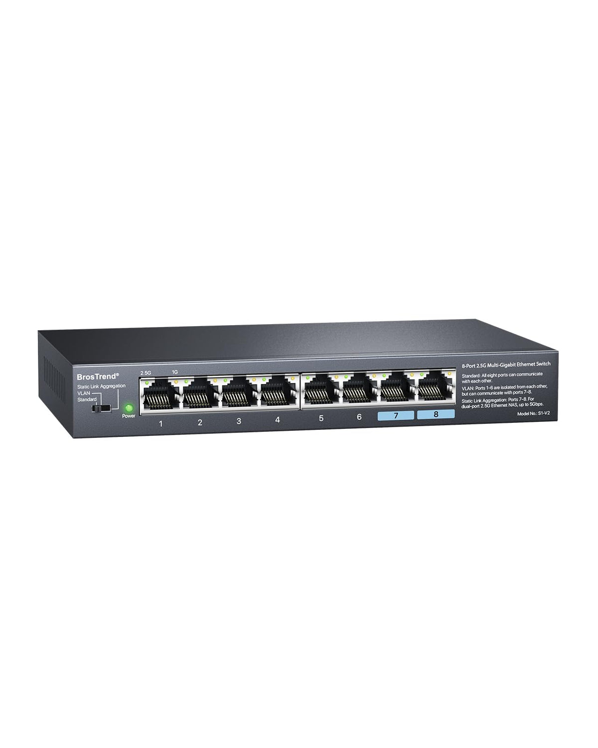 BrosTrend 2.5Gb Switch, Unmanaged 8 Port Ethernet Switch 2.5 Gigabit Supports Static Link Aggregation & VLAN, Fanless, Desktop Wall Mount, Multi Gig Splitter for Gaming, NAS, PC, Lifetime Protection