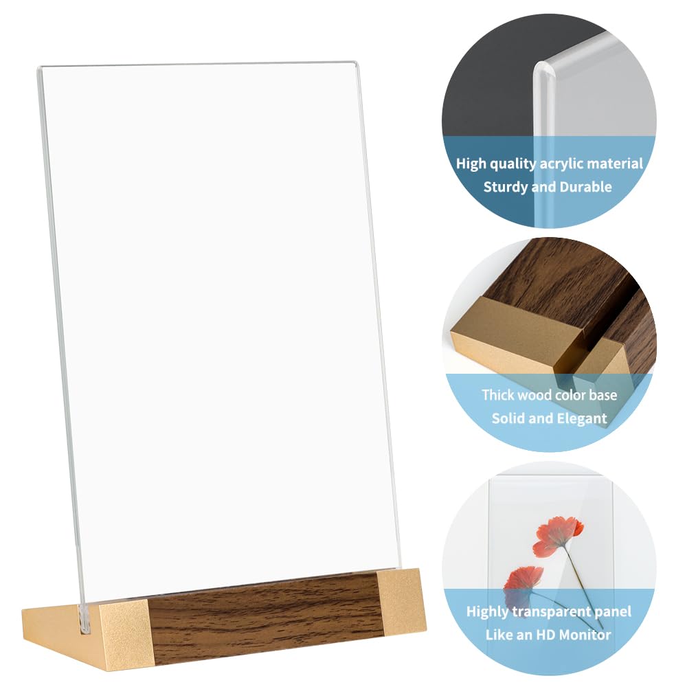 LIANHELILAI Acrylic Sign Holder 8.5 x 11 Inch with Wood-Color Base, Stable Tabletop Display Frame for Menu Flyer Photo, Clear Vertical Stand for Restaurant/Hotel/Office/ Exhibition – Easy Use, 2 Pack