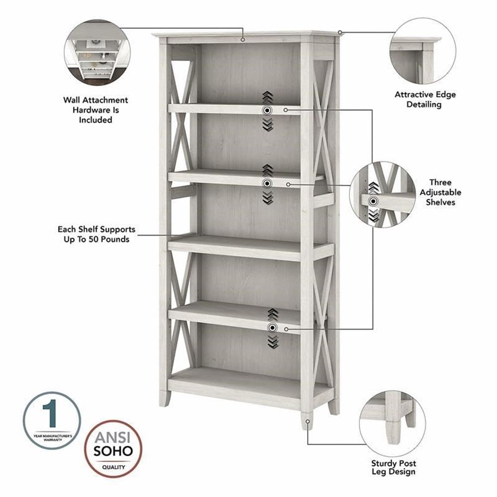 Bush Furniture Key West 54W Computer Desk with 2 Drawer Lateral File Cabinet and 5 Shelf Bookcase in Linen White Oak