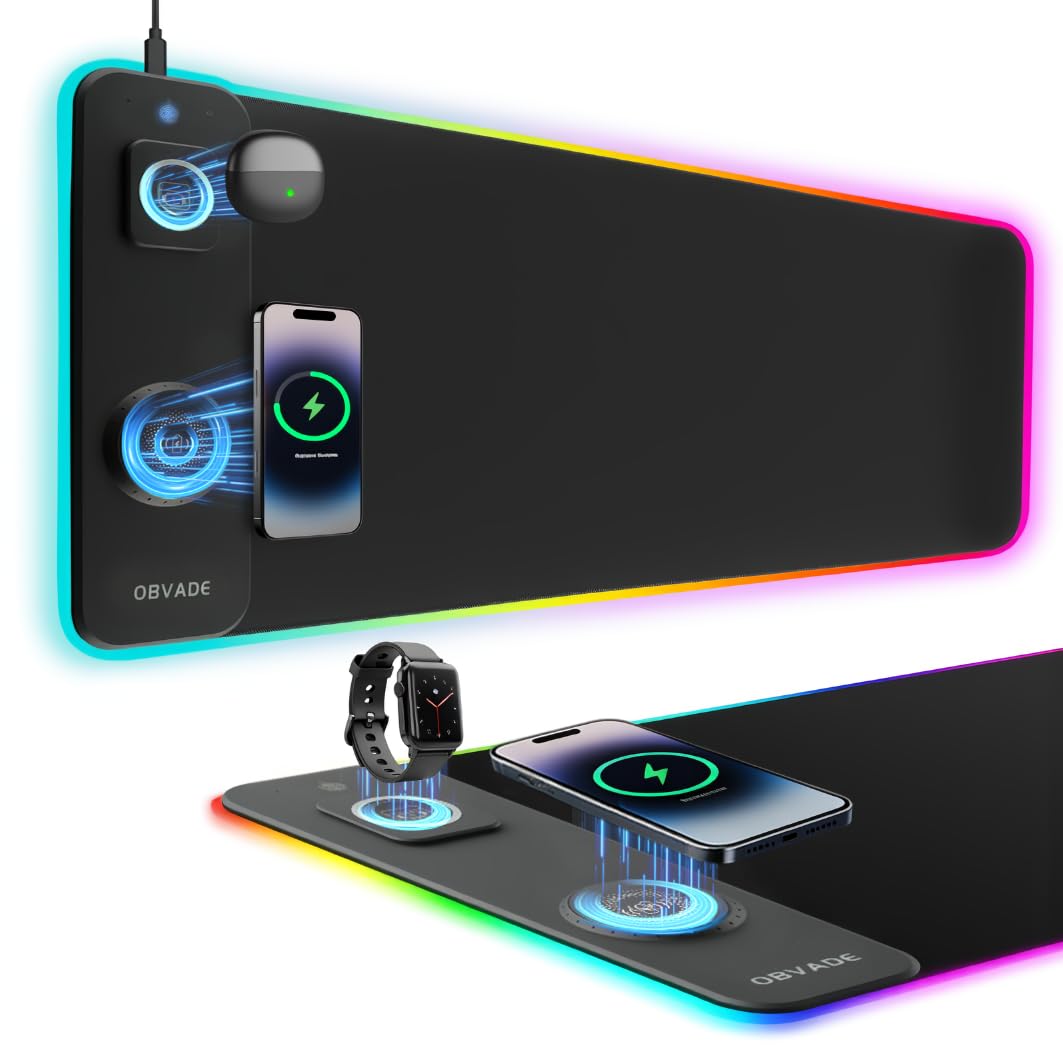 obvade Gaming RGB Mouse Pad Wireless Charging XXL Desk Mat for Keyboard 15w Fast Charger 11 Led Light Modes Non-Slip Large Office Desk Pads on Top of Desks