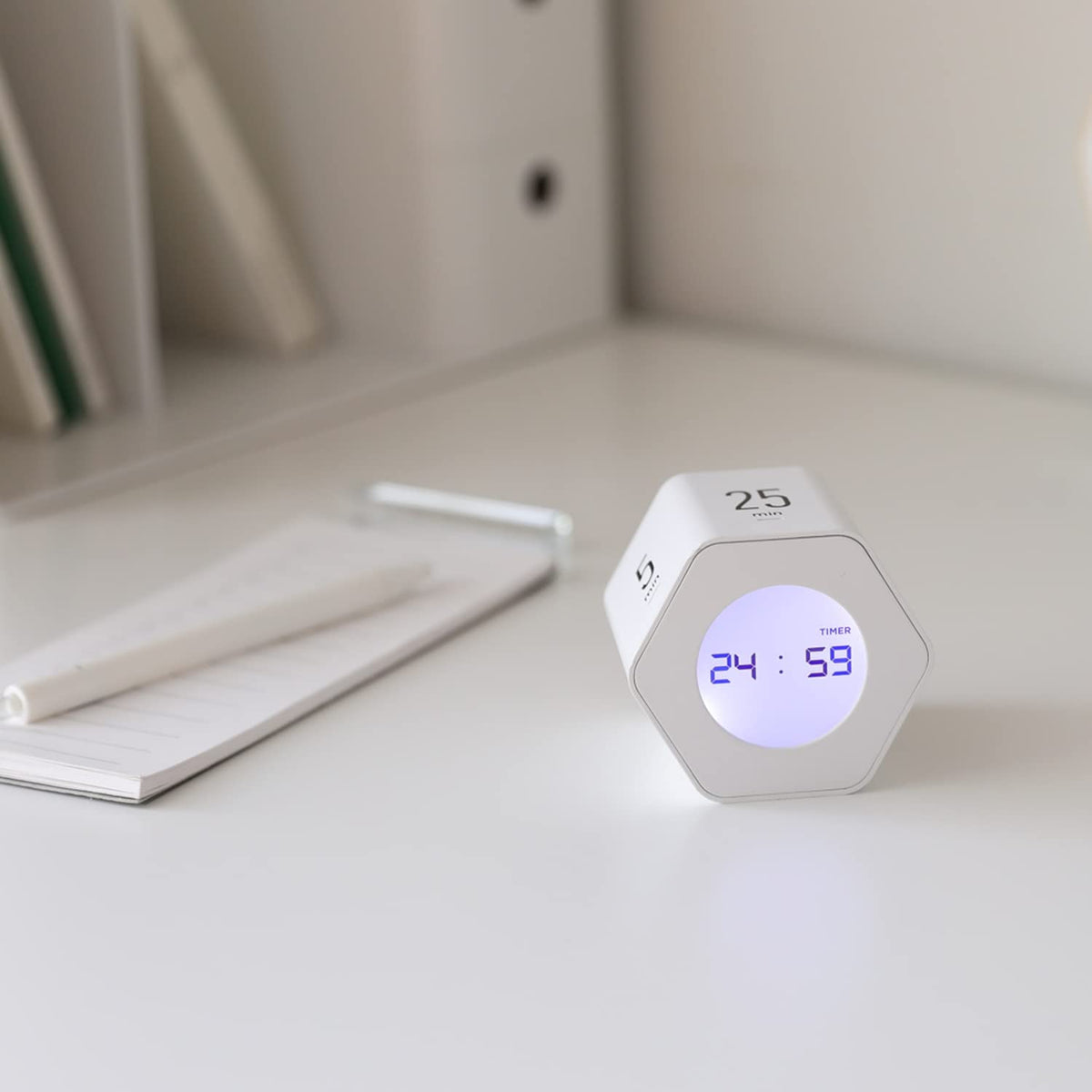 mooas Multi-Hexagon Clock Cube Timer, Digital Clock Time Timer, Pomodoro Timers, Backlit Display 12/24H Mode Count up & Countdown, Rotating Various time presets ideal for Classroom Gym Kitchen (White)