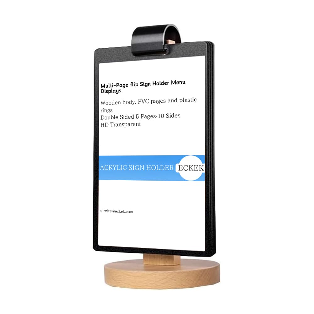 ECKEK Acrylic Sign Holder Multi-Page flip Sign Holder Menu Displays Double Sided 5 Pages-10 Sides, Wood Base Table Top Sign Stand (100*200mm/3.94×7.87 inches)